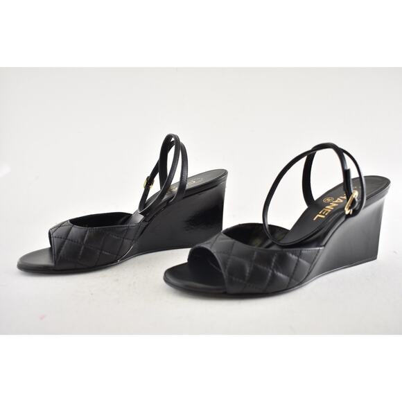 Chanel 24C Black Quilted Lambskin CC Crystal Logo Ankle Strap Sandal Wedge 38 - Picture 9 of 16